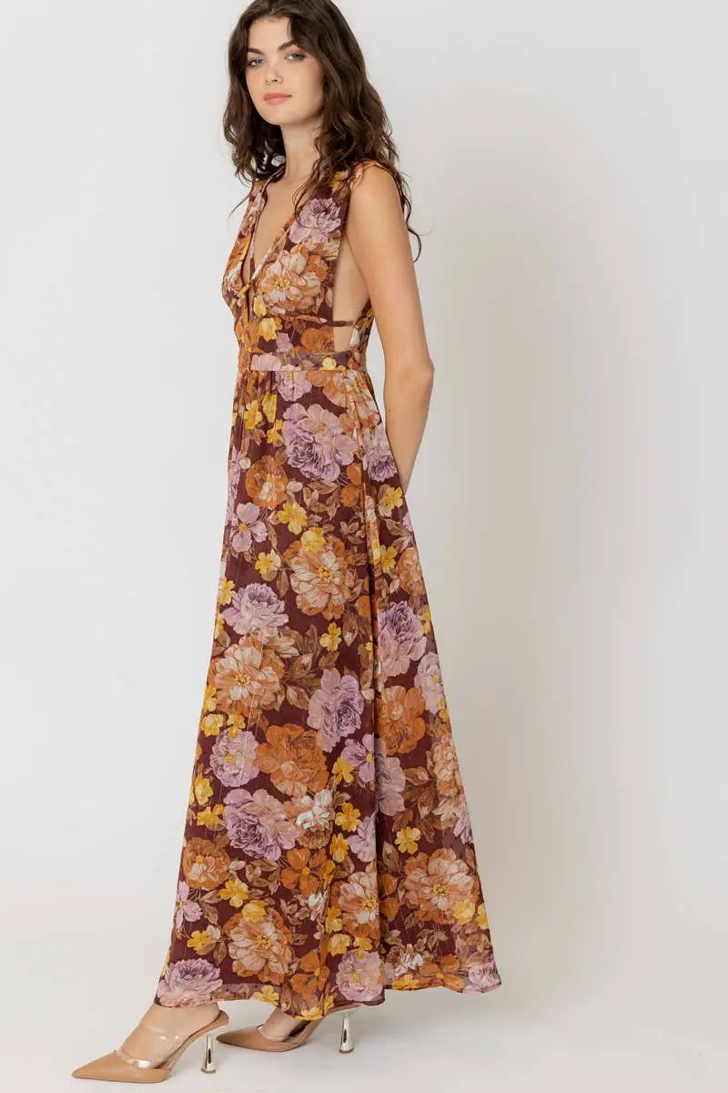 En Crème En Crème Brown Multi Floral Sleeveless V-Neck Maxi Dress - Dresses brown multi floral maxi dress