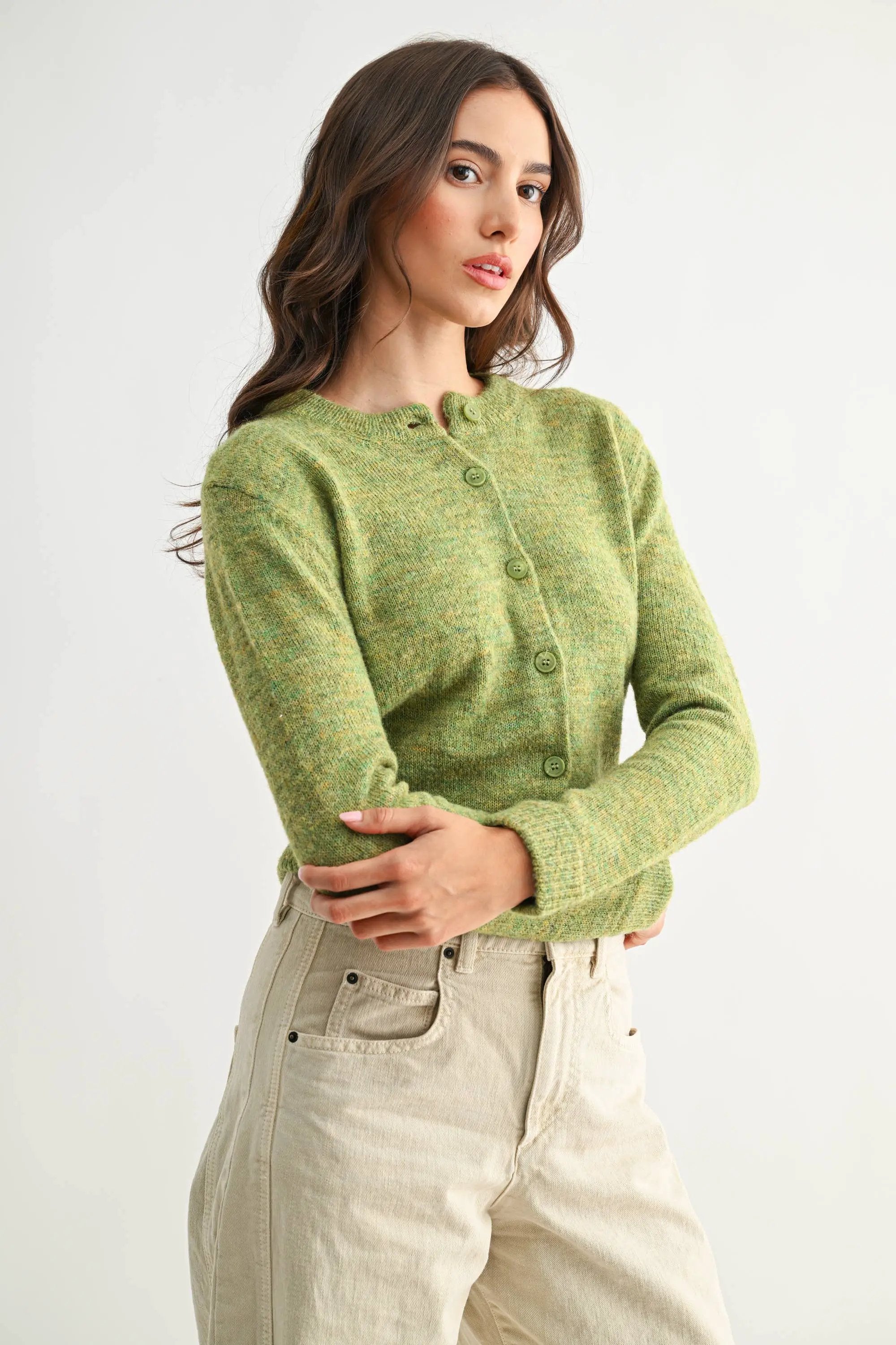 Camellia Camellia - CMW26544 ELEGANTLY CRAFTED KNIT WOOL CARDIGAN - : OLIVE / S-M-L (3-2-1) -