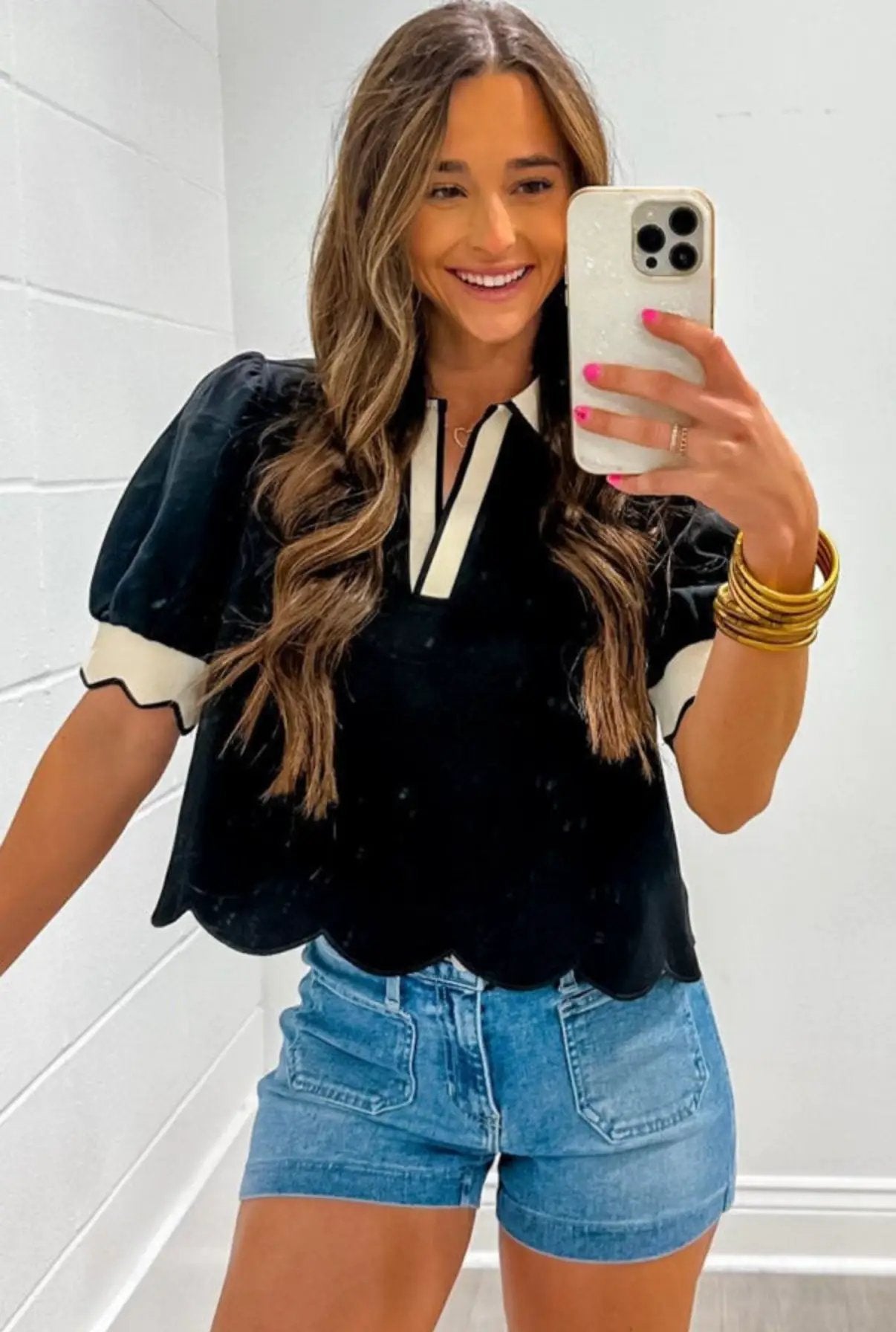 Grateful Threads Boutique Black Color Contrast Collared V-Neck Puff Sleeve Blouse - Blouses Black Color Contrast Collared V Neck Puff Sleeve