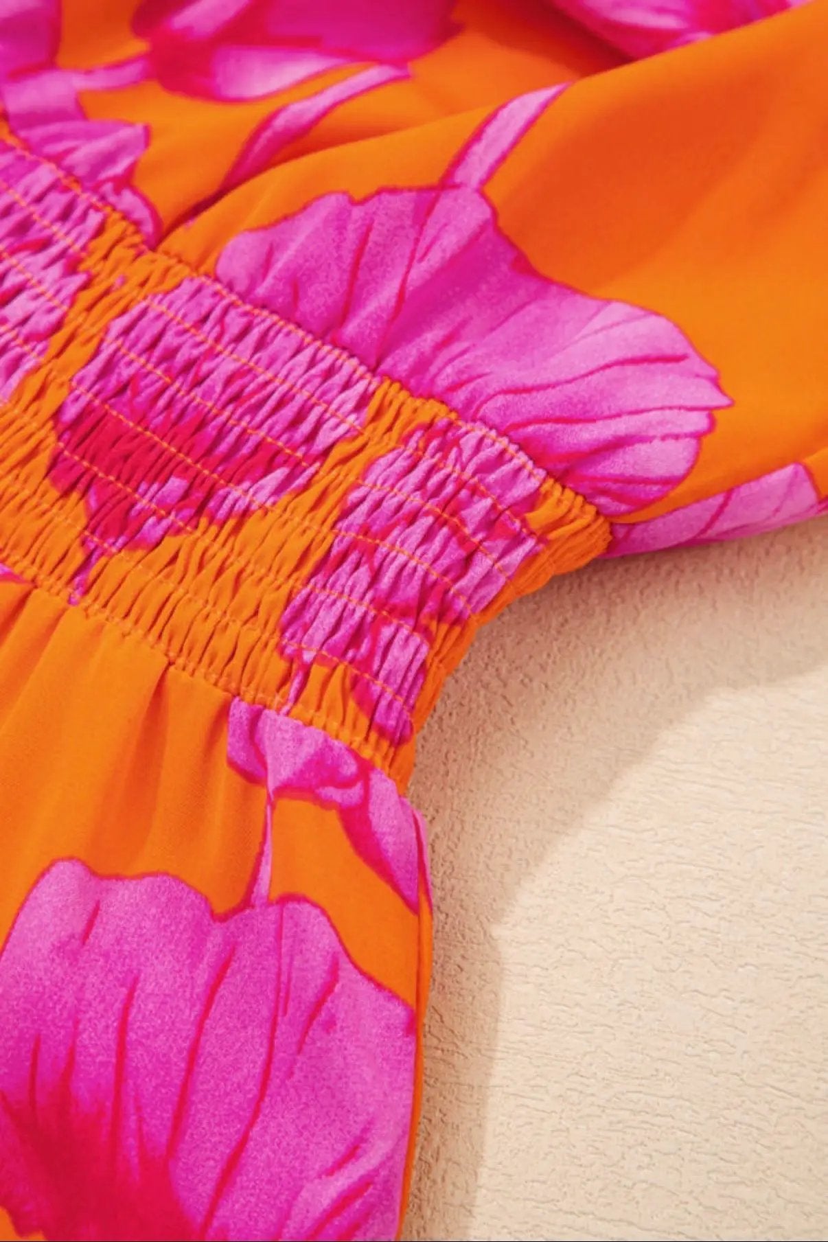 Grateful Threads Boutique Orange Floral Print Frilly Smocked V Neck 3/4 Sleeve Long Dress - Dresses Orange Floral Print Frilly Smocked V Neck 3/4 Sleeve Long Dress