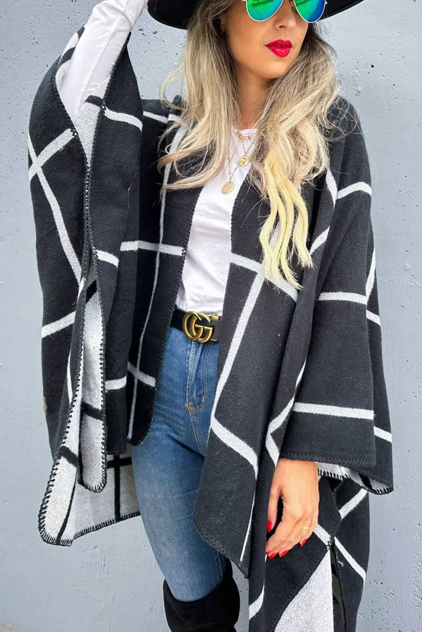 AMOLI AMOLI - Black Grey Dual-Tone Check Printed Cozy Reversible Ruana - Cardigans