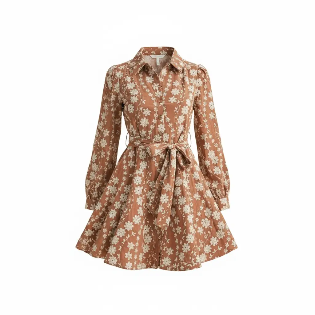 &MERCI &merci - Intricate Floral Embroidery Button Down Flared Mini Dress in Dark Amber - Dresses