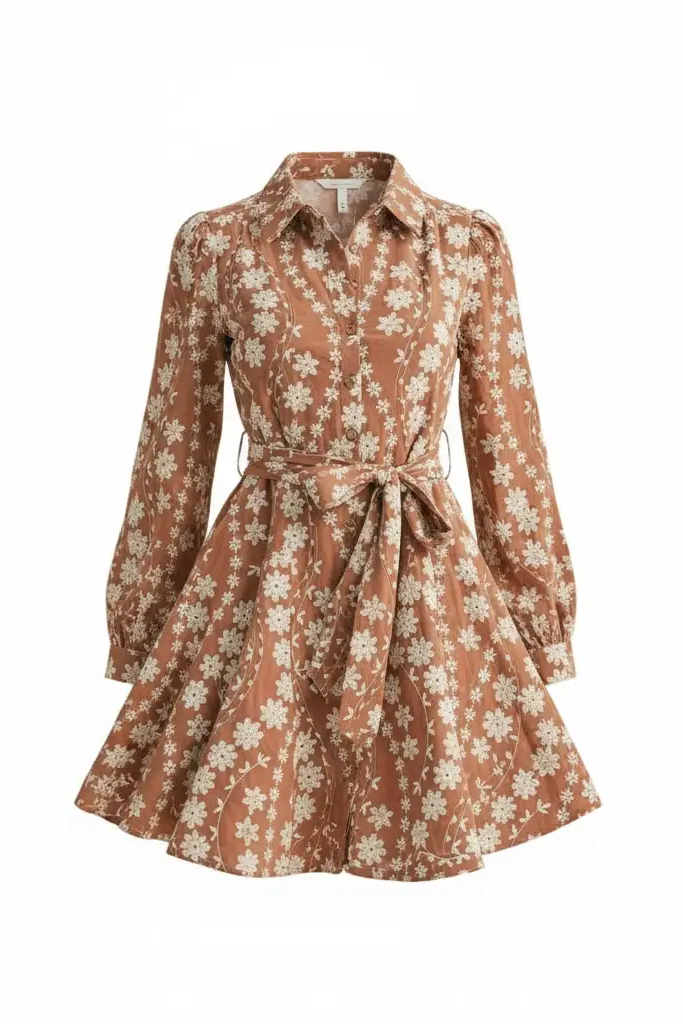 &MERCI &merci - Intricate Floral Embroidery Button Down Flared Mini Dress in Dark Amber - Dresses