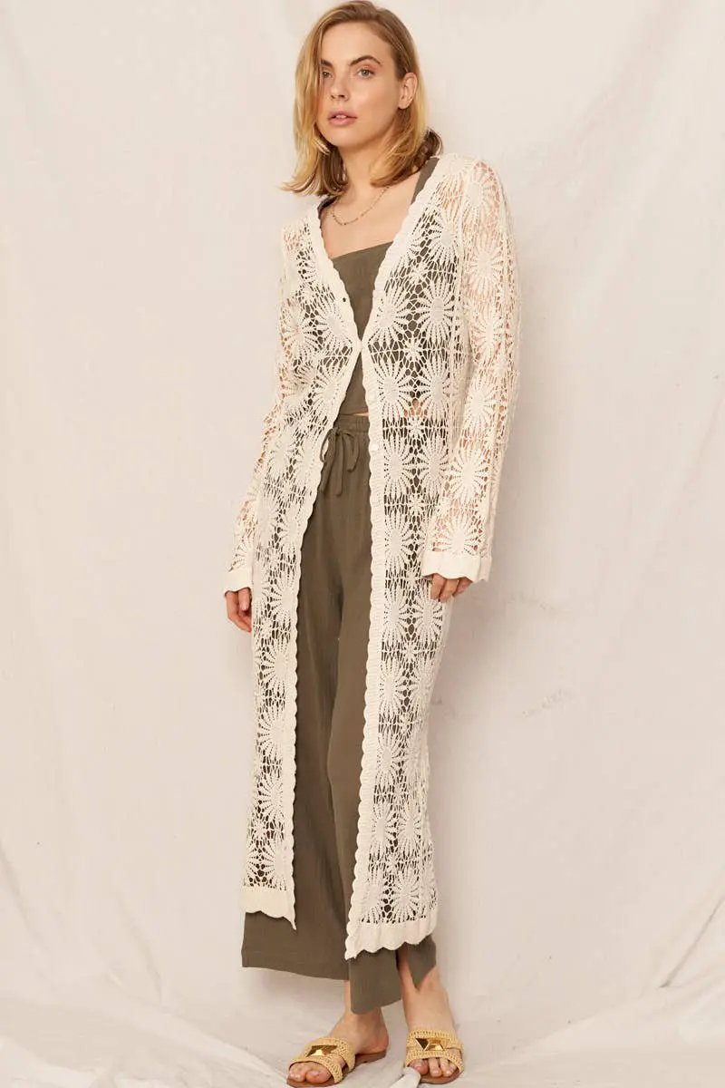 En Crème En Crème Natural Flower Pattern Crochet Maxi Kimono Cardigan - Cardigans