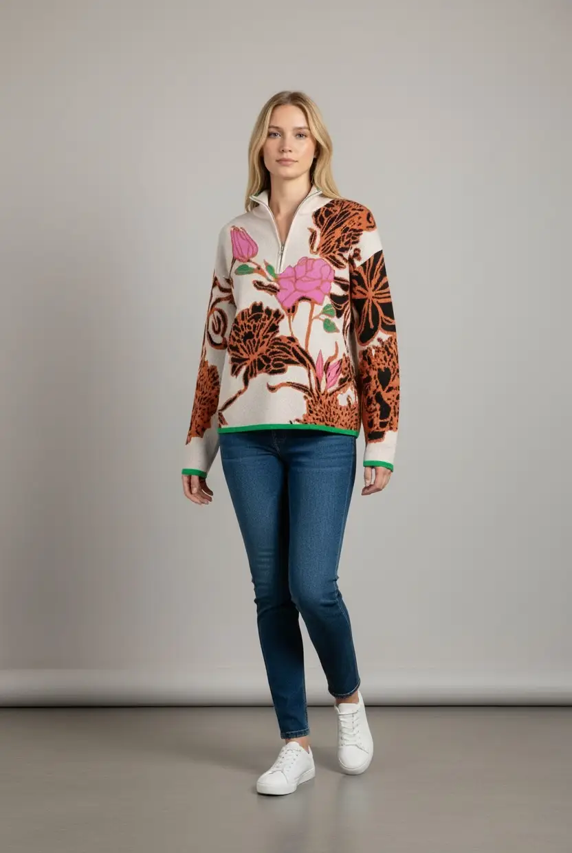 Grateful Threads Boutique Khaki Contrast Trim Floral Pattern Knit Quarter Zip Stand Neck Sweater - Sweaters Khaki Contrast Trim Floral Pattern Knit Quarter Zip Stand Neck Sweater