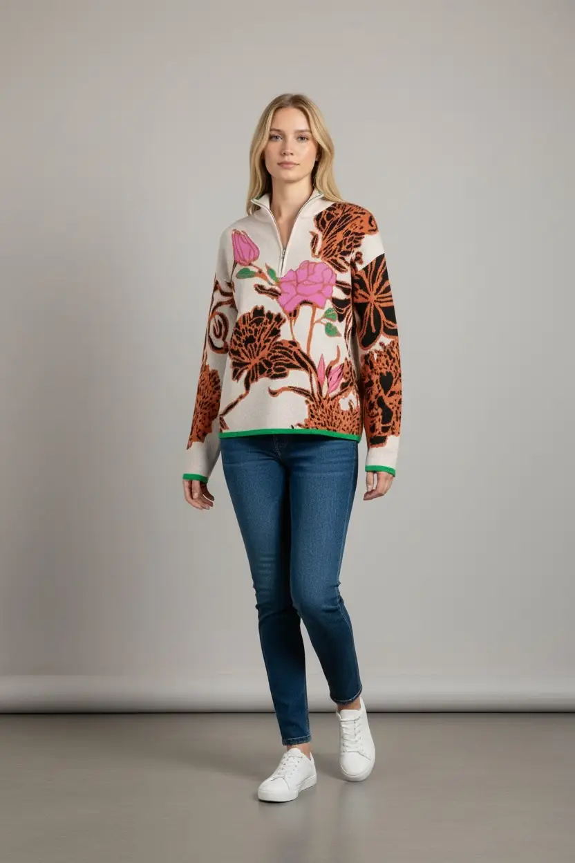 Grateful Threads Boutique Khaki Contrast Trim Floral Pattern Knit Quarter Zip Stand Neck Sweater - Sweaters Khaki Contrast Trim Floral Pattern Knit Quarter Zip Stand Neck Sweater