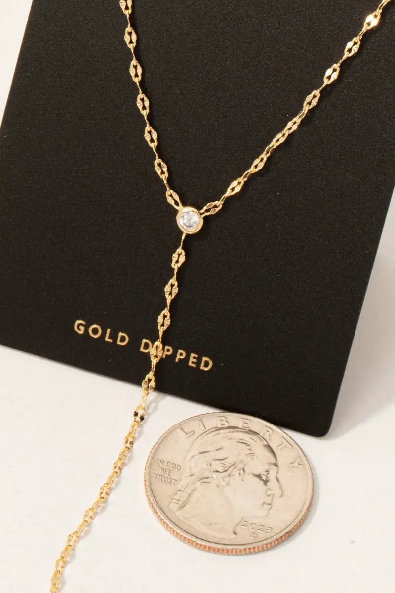 Fame Accessories The Dainty Gold Dipped Chain Link Y Necklace with Stone Accent - Necklaces