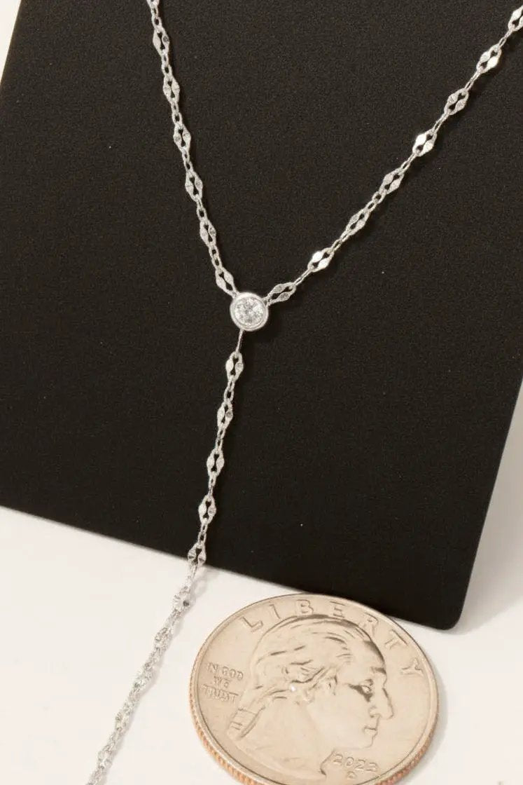 Fame Accessories The Dainty Silver Chain Link Y Necklace with Stone Accent - Necklaces