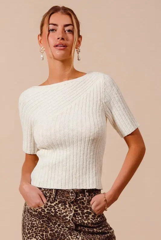 So Me Bias Knitted Boat Neck Fitted Rib Neck Ivory Sweater Top - Sweaters knitted boat neck sweater top