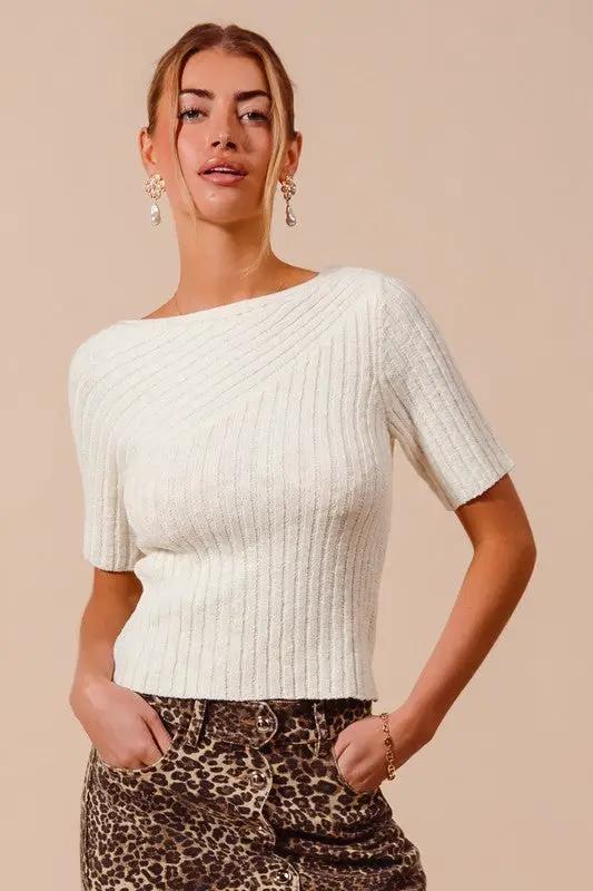 So Me Bias Knitted Boat Neck Fitted Rib Neck Ivory Sweater Top - Sweaters knitted boat neck sweater top