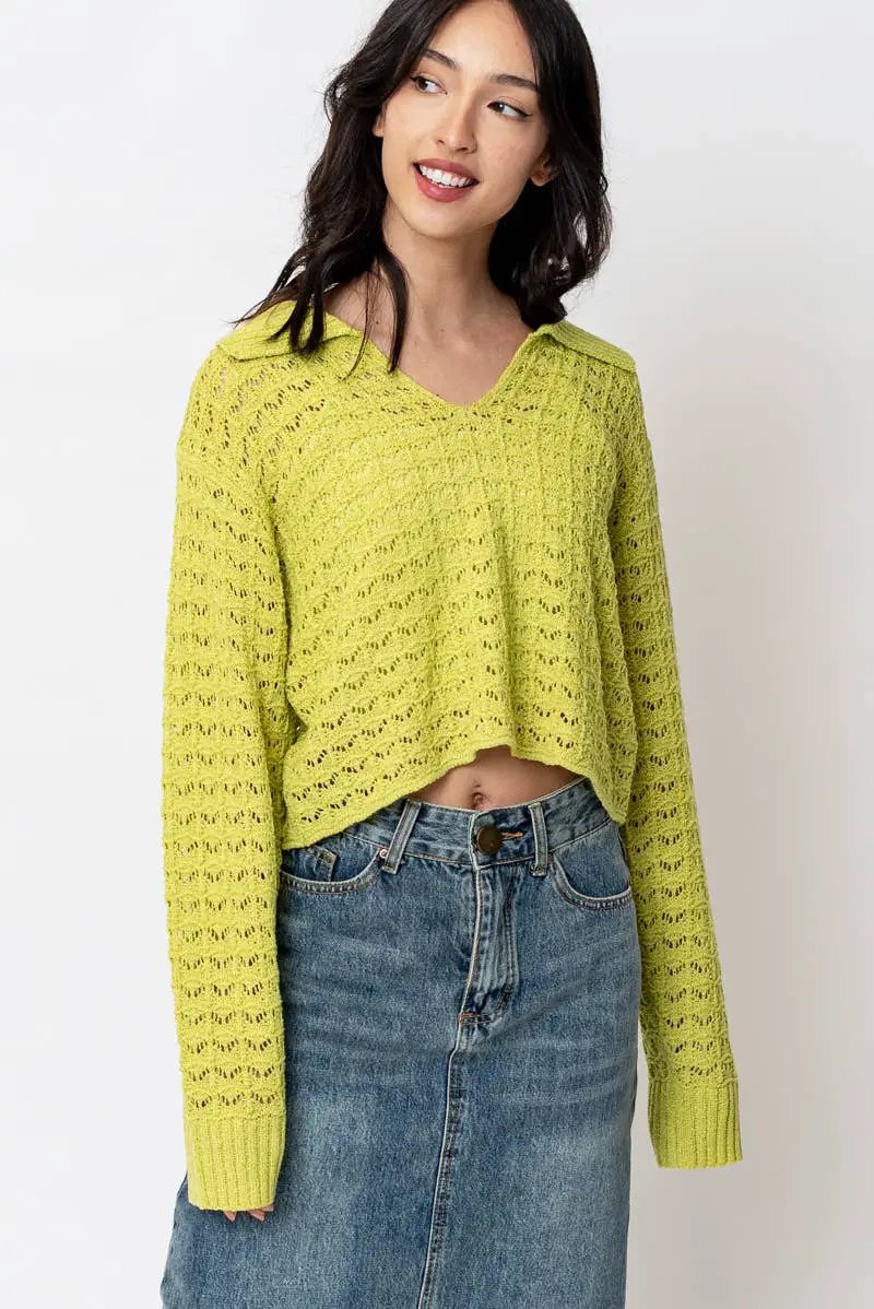 En Crème En Crème Lime Collared Long Sleeve Crochet Top - Clothing Tops