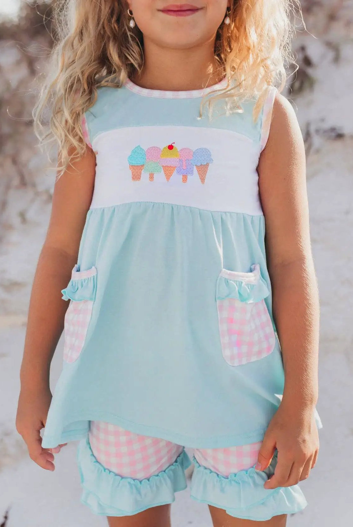 Adorable Sweetness Kids Pastel Ice Cream Gingham Ruffle Spring Summer Short Set - Outfit Sets