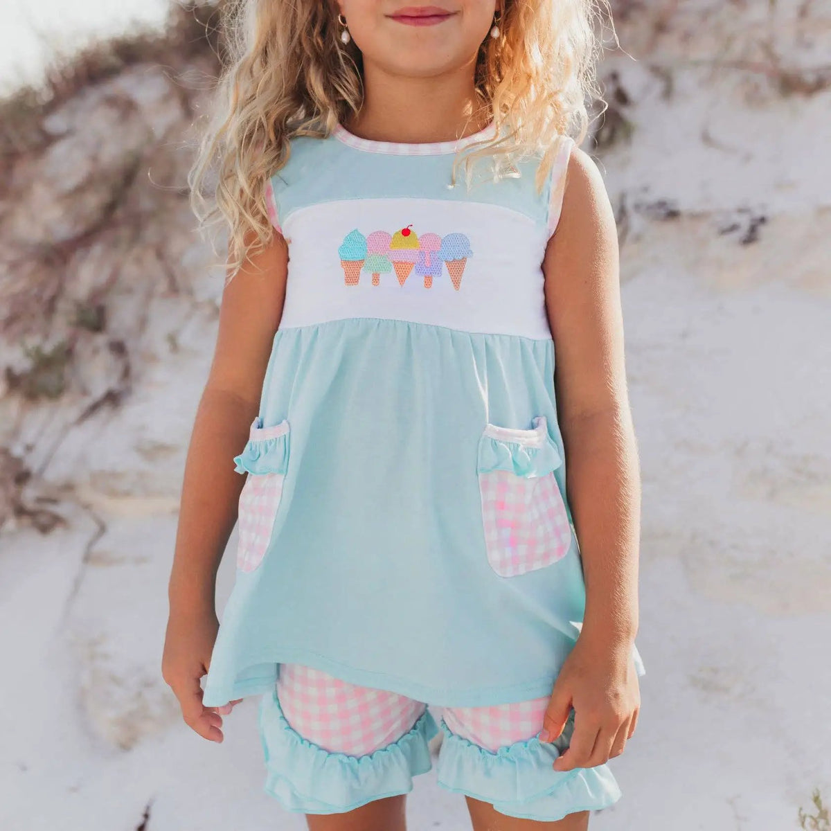 Adorable Sweetness Kids Pastel Ice Cream Gingham Ruffle Spring Summer Short Set - Outfit Sets