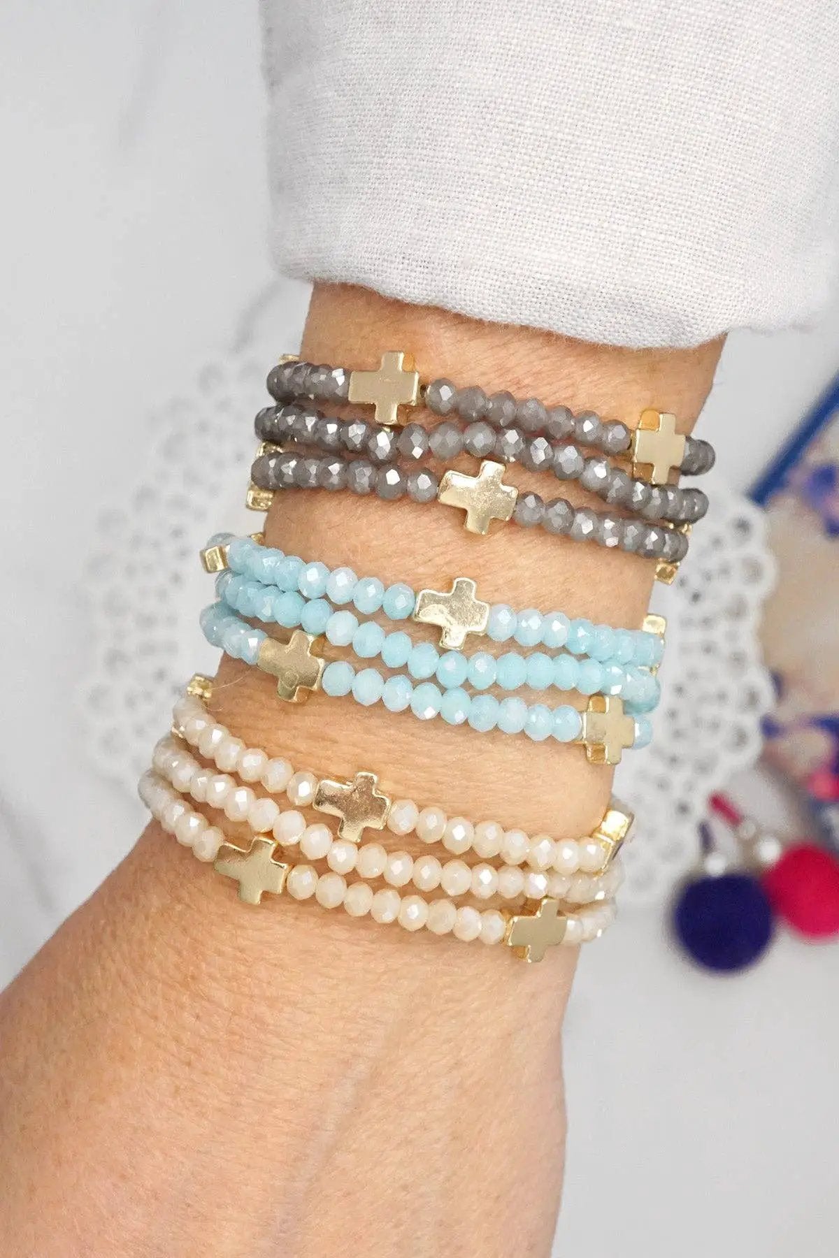 PennyLine inc Mini Sideways Cross Bracelet stack Glass and gold metal beads: Light Blue - Jewelry mini sideways cross bracelet stack glass and gold metal beads light blue