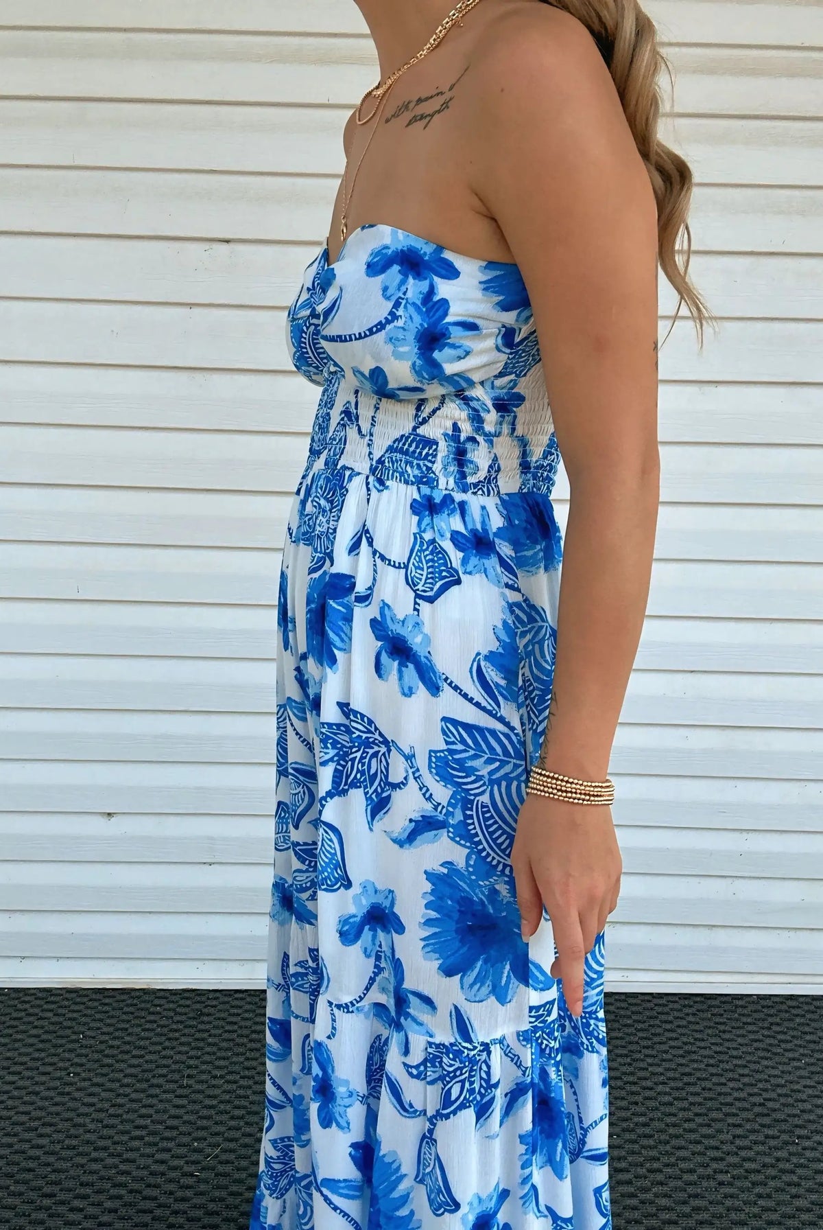 Promesa USA Cream & Blue Floral Crepe Strapless Wide-Leg Ruffle Jumpsuit - One-Pieces Promesa USA Cream & Blue Floral Crepe Strapless Wide-Leg Ruffle Jumpsuit