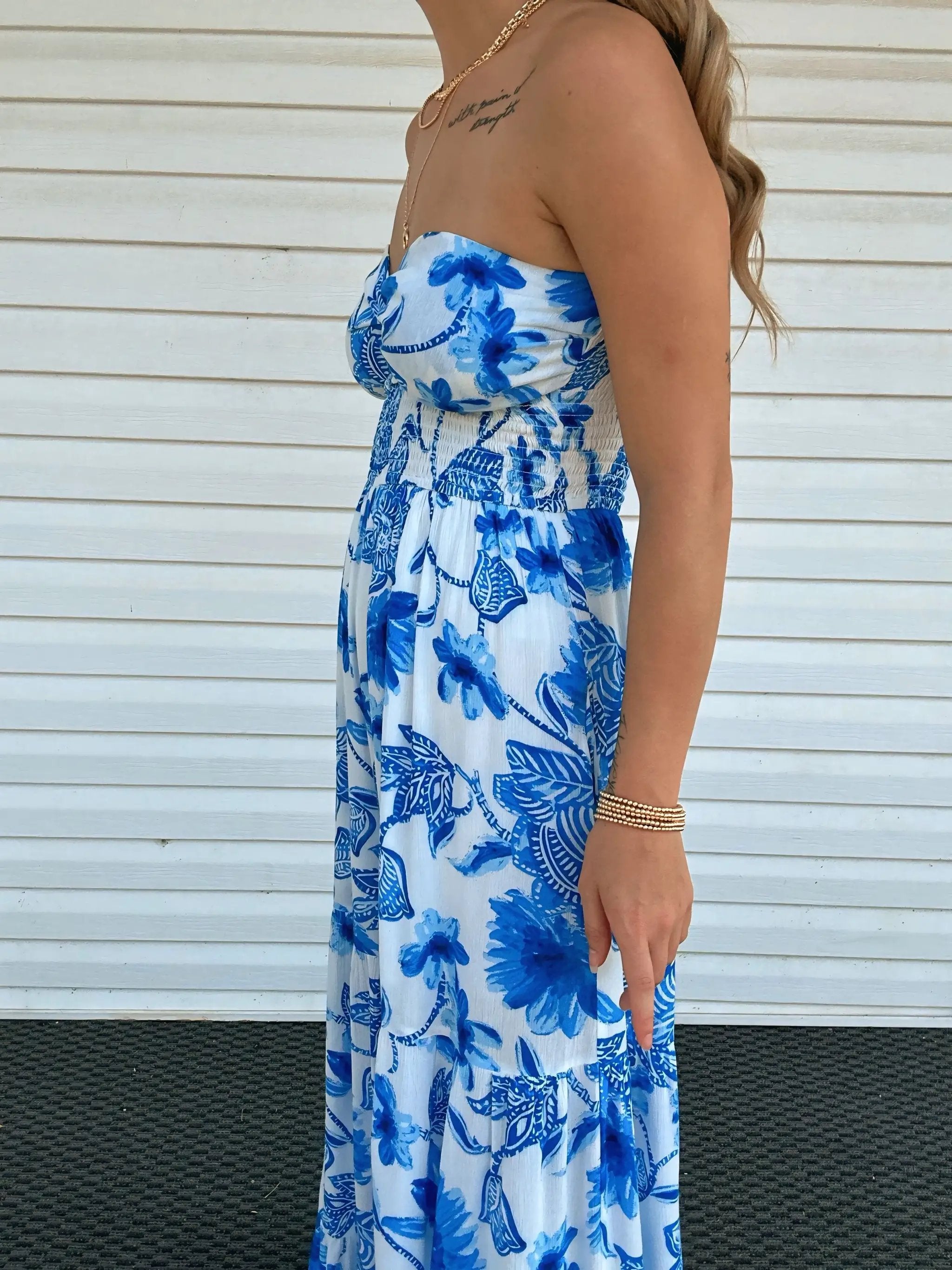 Promesa USA Cream & Blue Floral Crepe Strapless Wide-Leg Ruffle Jumpsuit - One-Pieces Promesa USA Cream & Blue Floral Crepe Strapless Wide-Leg Ruffle Jumpsuit