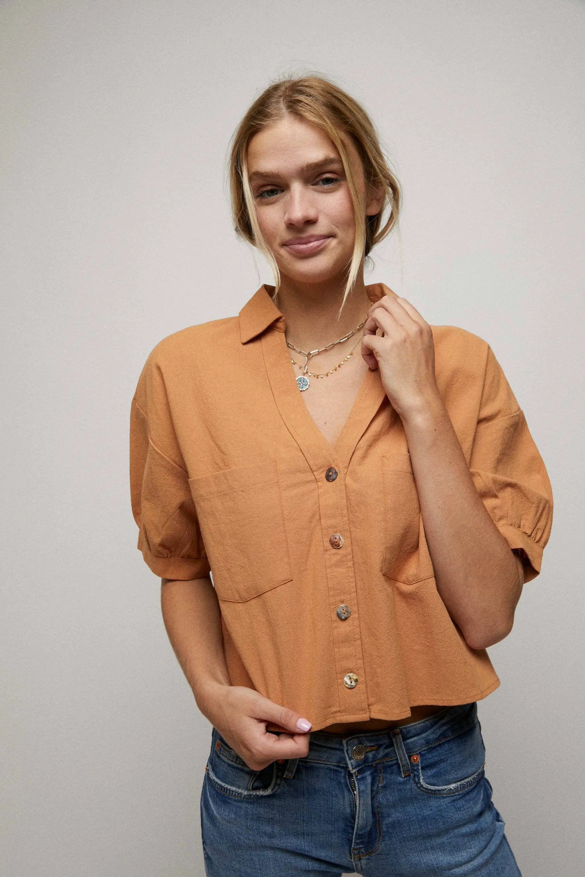 Cerule Elbow Sleeves Button Down 2 Pocket Crop Shirt - Shirts