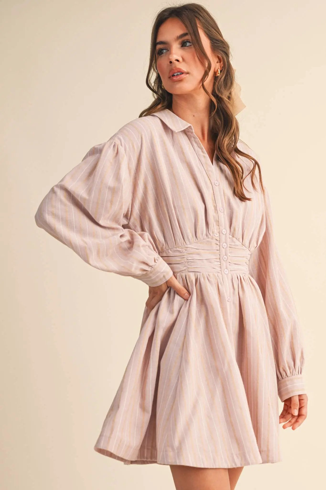 &MERCI Blushing Stripes Ruched Waist Mini Dress - Dresses