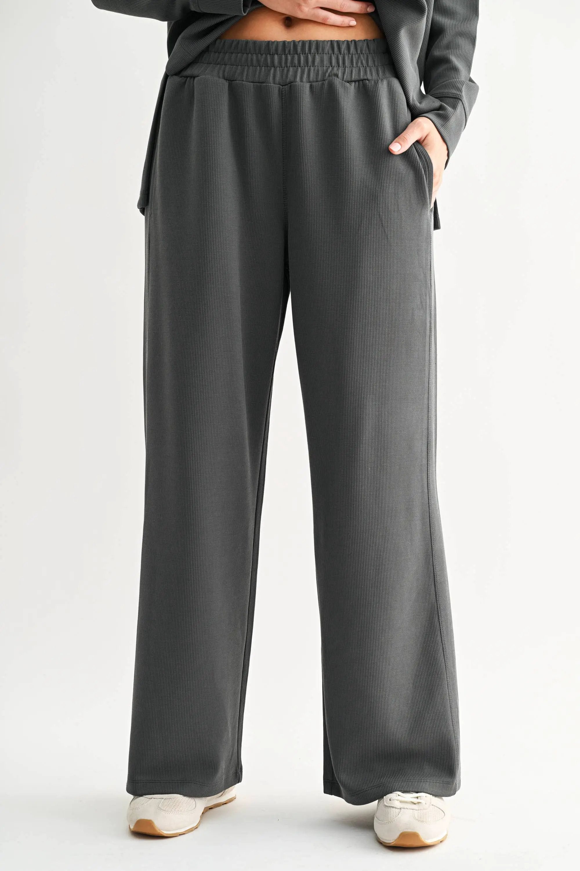 Mono B Mono B - Luxe Sand Wash Rib Wide-Leg Pants - Trousers Mono B - Luxe Sand Wash Rib Wide-Leg Pants
