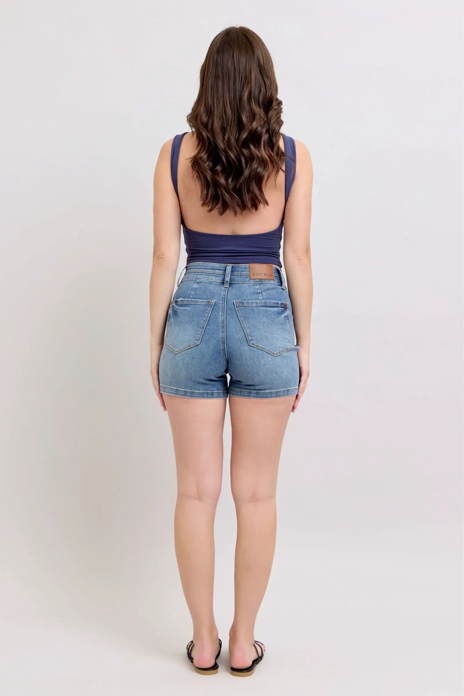 Judy Blue The High Waist Tummy Control Cool Denim Double Waistband Shorts - Denim Shorts Judy Blue Double Waistband Shorts