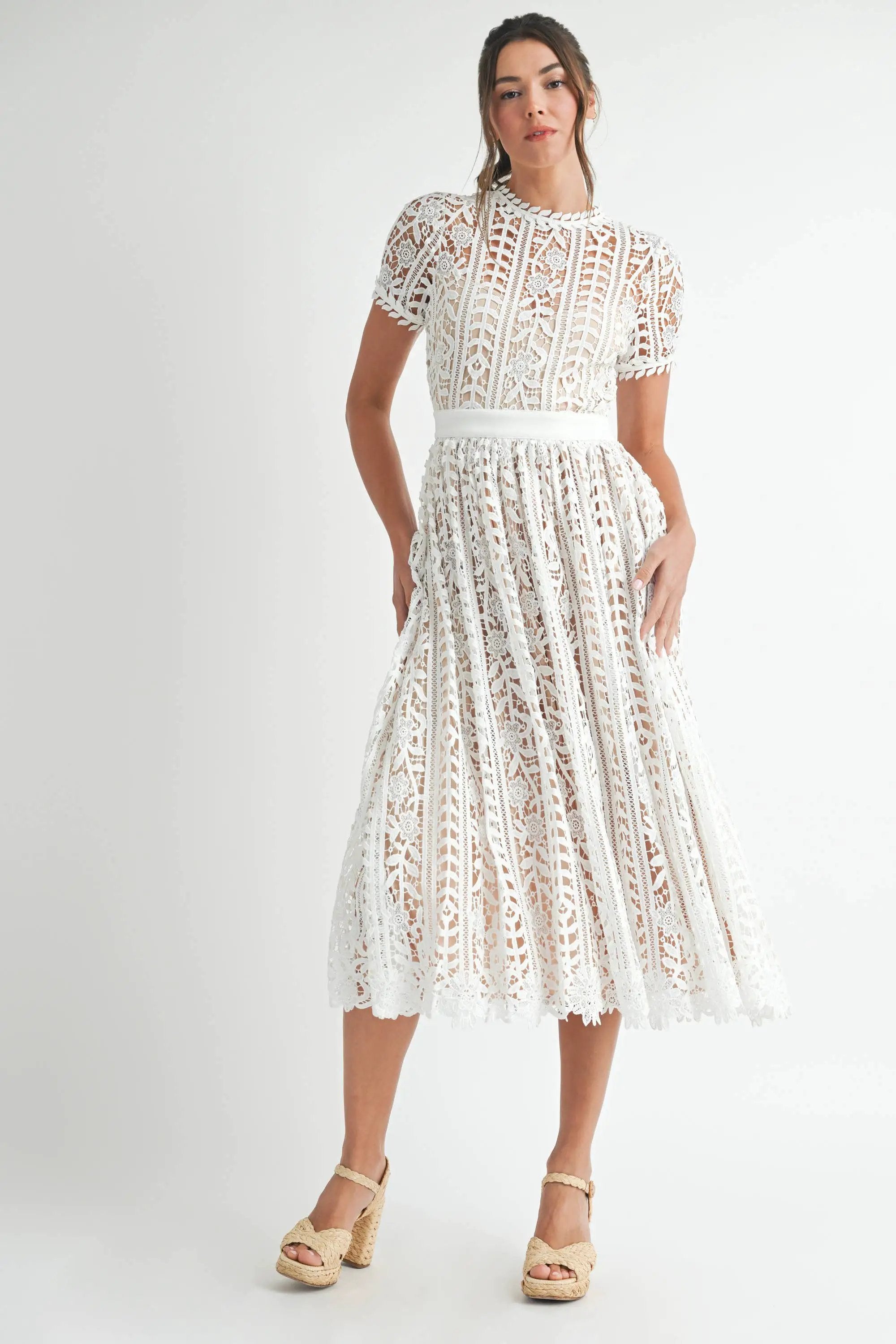Endless Blu Endless Blu Short Sleeve White Lace Midi Dress - Dresses
