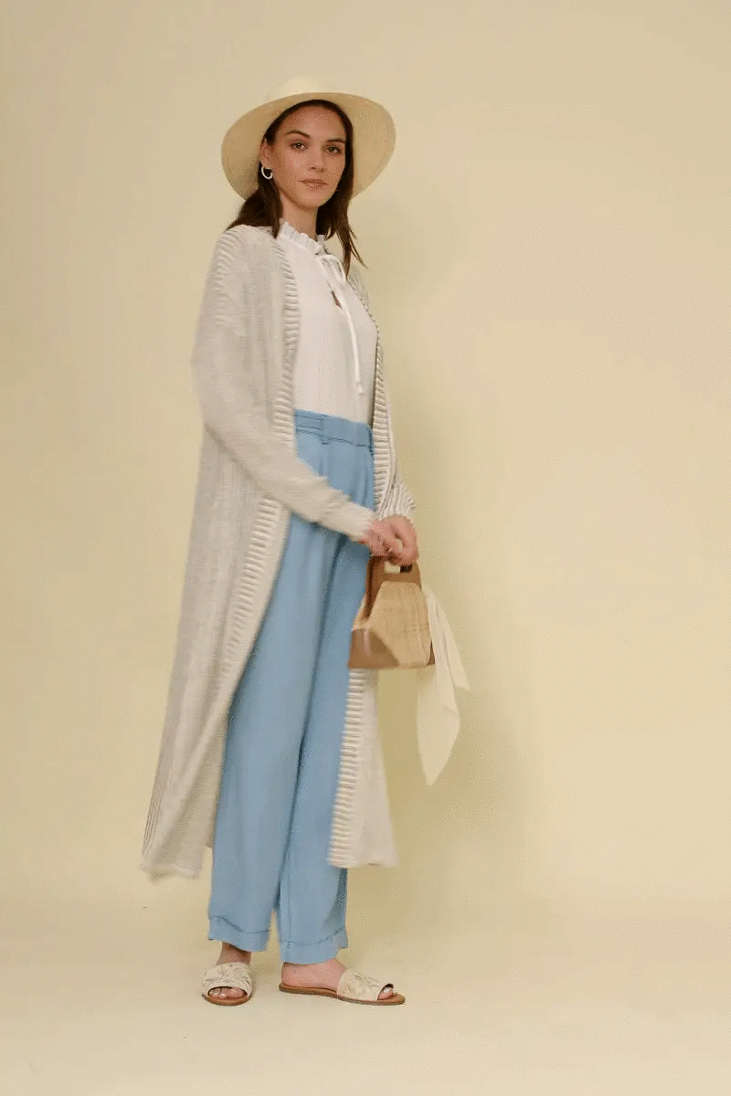 Hayden LA Hayden LA - Women's Textured Stripe Loose Knit Side Slit Duster: Oatmeal - Cardigans