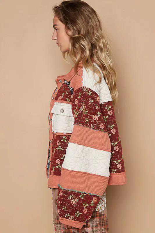 POL POL Quilted Patchwork Retro Floral Waffle Knit Frayed Raw Bohemian Button Jacket - Coats & Jackets