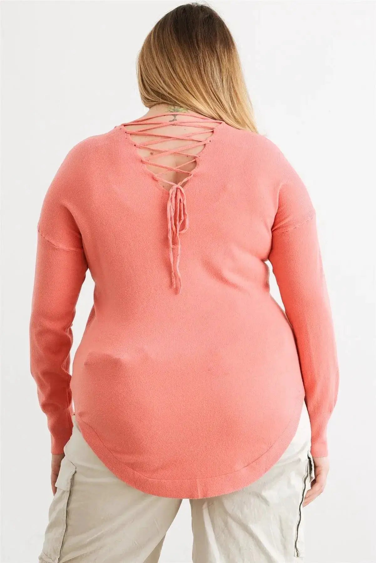 Zenobia Plus Size Lace-Up Back Curved Hem Basic Knit Top - Clothing Tops Plus size Lace-up back knit top