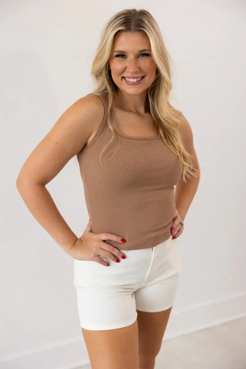Grace & Emma Bella Square Neck Rib Knit Tank Top - Tank Tops ribbed tank top