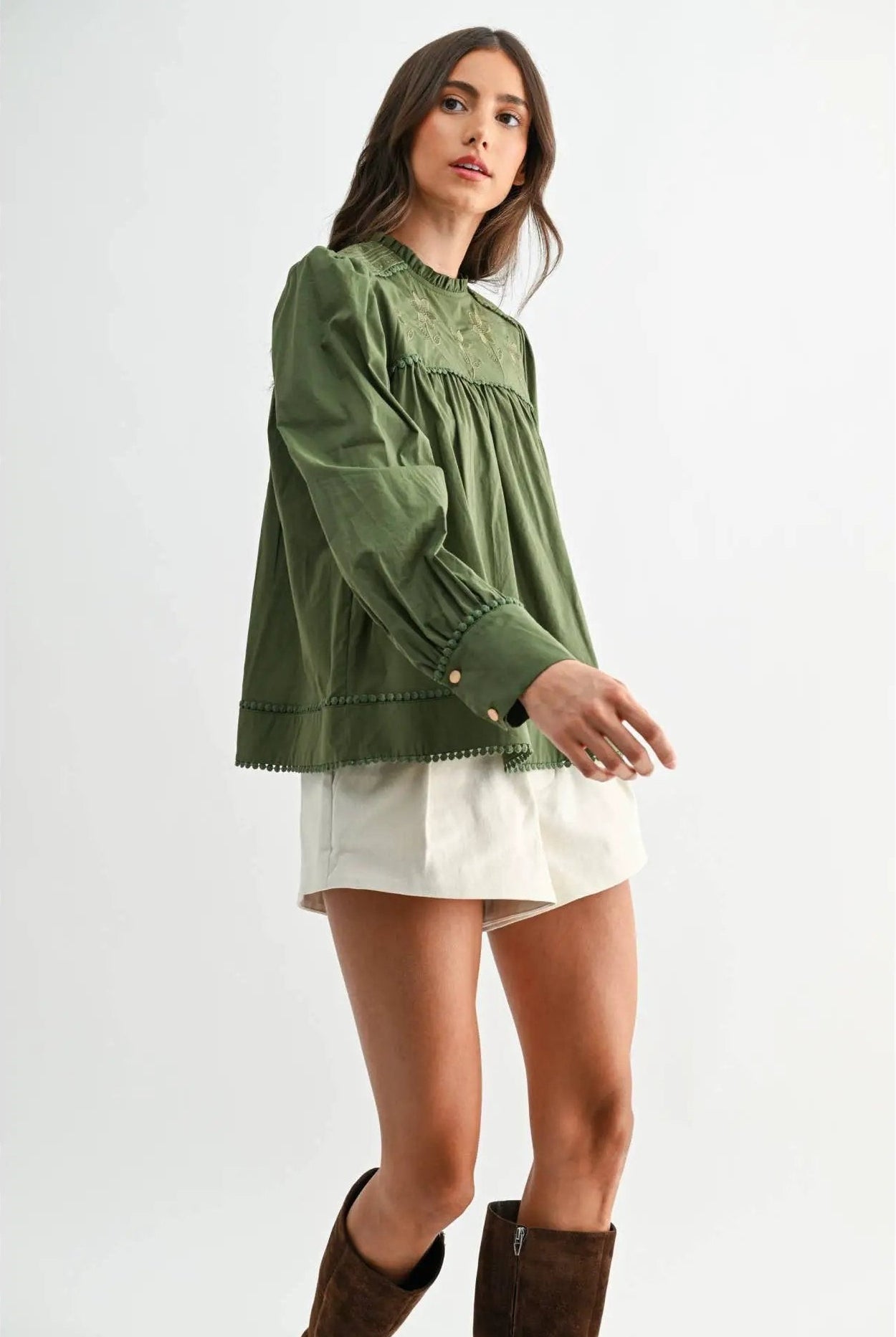 Camellia Camellia - EMBROIDERED OLIVE PUFF SLEEVE BLOUSE WTIH TRIM: OLIVE GREEN / S-M-L(3-2-1) -