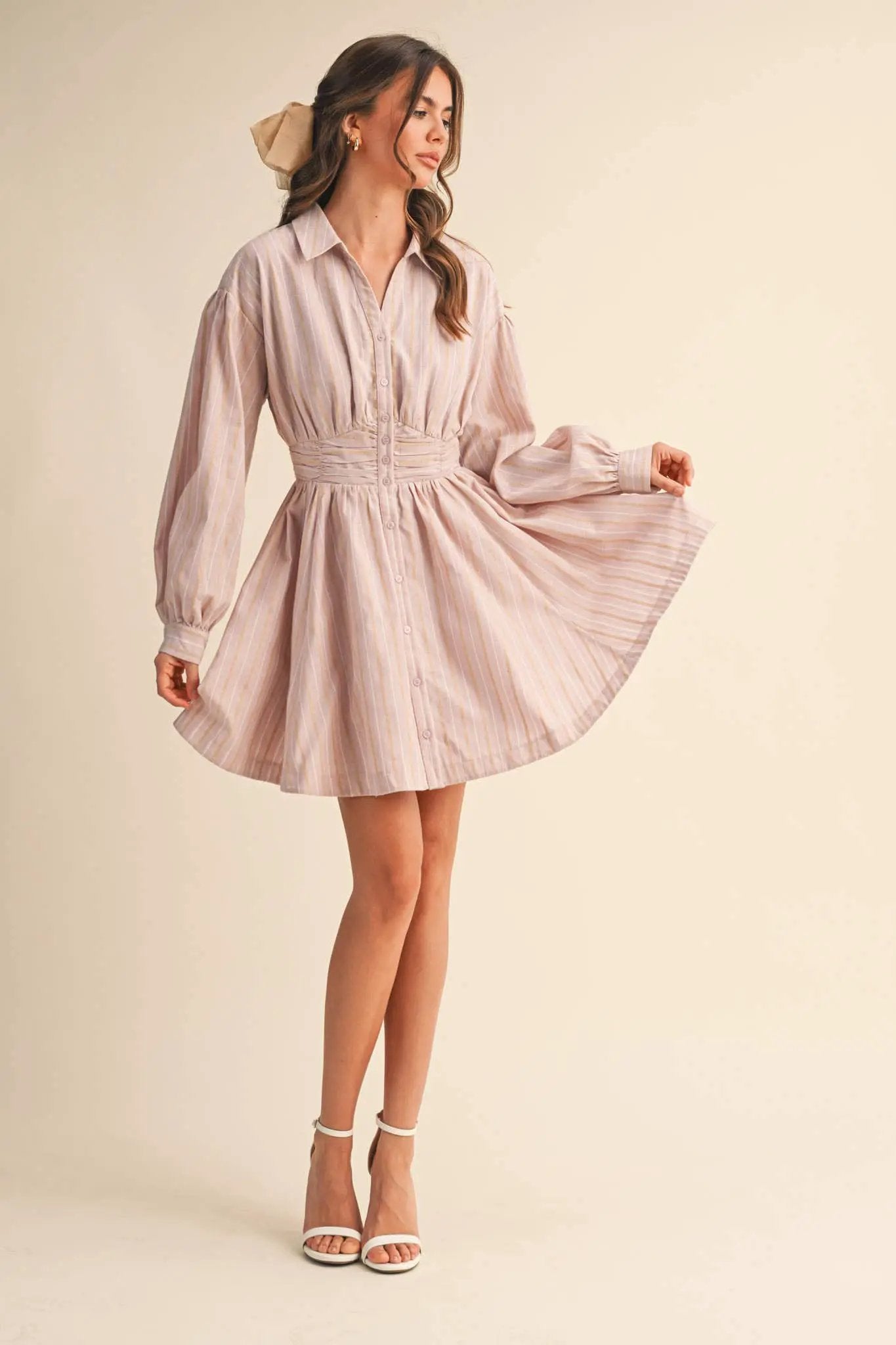 &MERCI Blushing Stripes Ruched Waist Mini Dress - Dresses