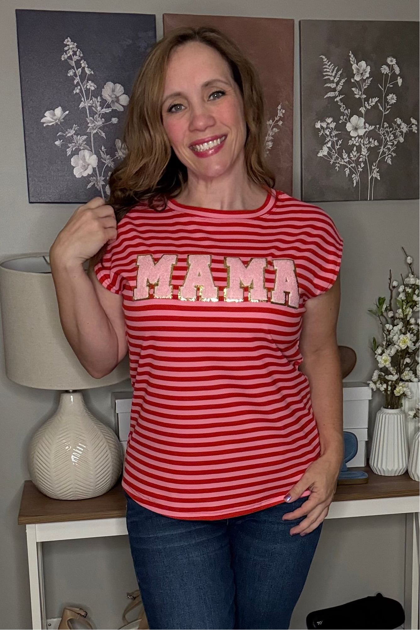 Grateful Threads Boutique Red Stripe MAMA Graphic Cap Sleeve T Shirt - T-Shirts Red Stripe MAMA Graphic Cap Sleeve T Shirt
