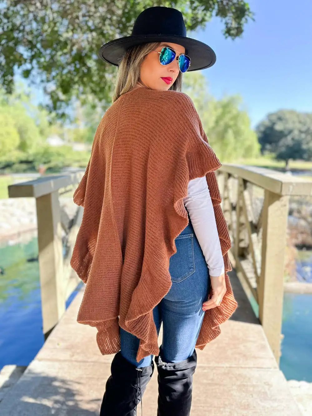 AMOLI The Soft Brown Ruffle Detail Open Front Lightweight Ruana Shawl - Scarves & Shawls