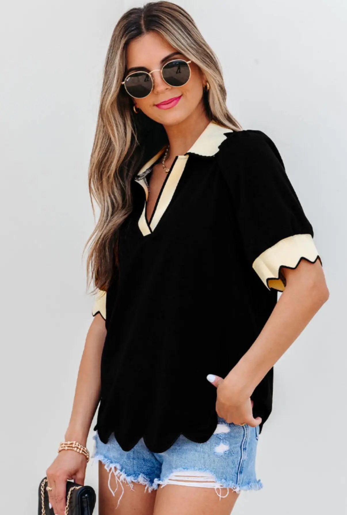 Grateful Threads Boutique Black Color Contrast Collared V-Neck Puff Sleeve Blouse - Blouses Black Color Contrast Collared V Neck Puff Sleeve