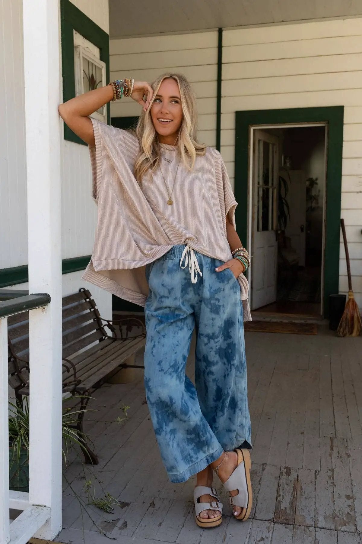 Three Bird Nest Three Bird Nest - So Comfy Wide Leg Cropped Pant - Bleach Dye Denim - Pants