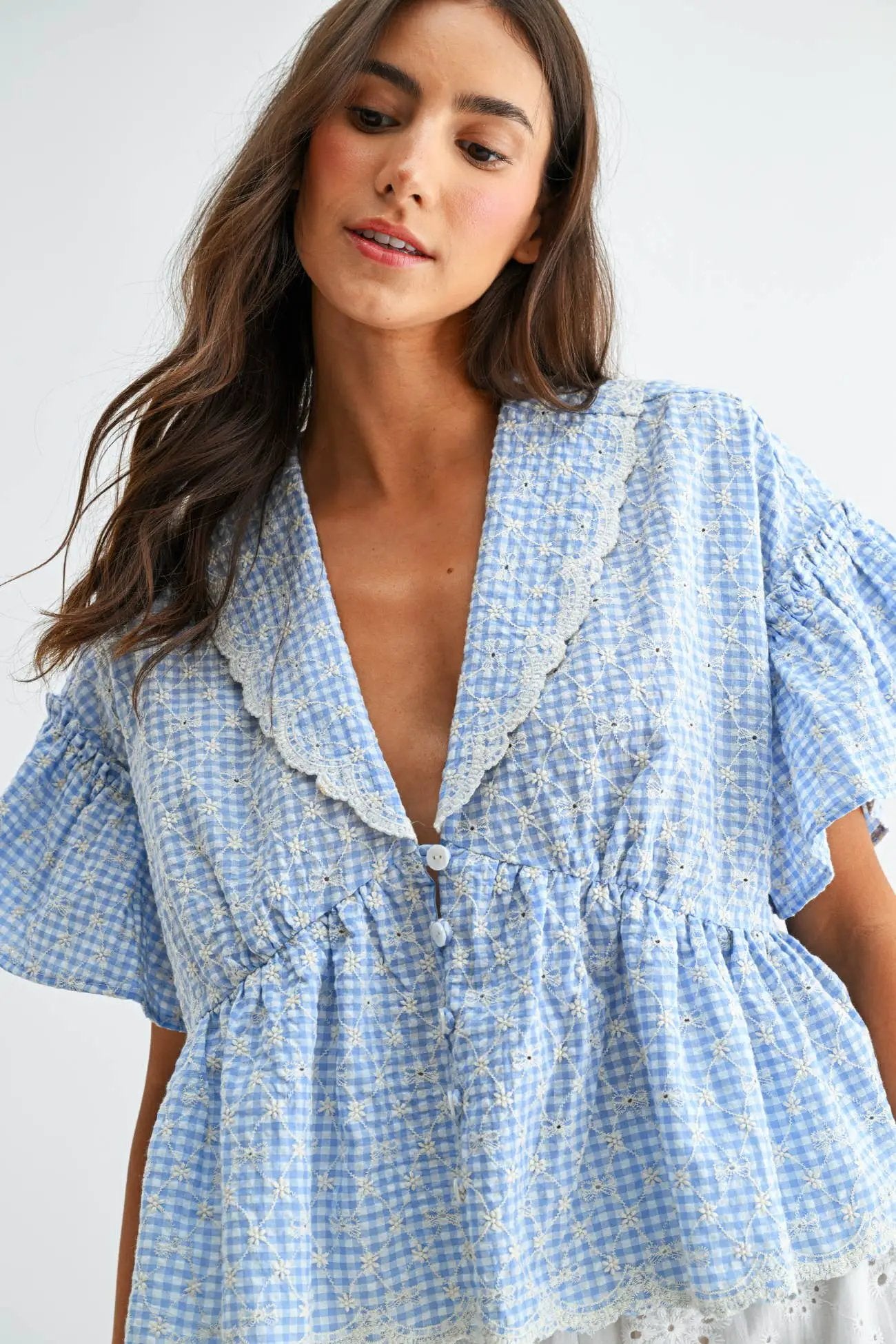 Camellia The Blue Gingham Embroidered Peplum Blouse - Blouses