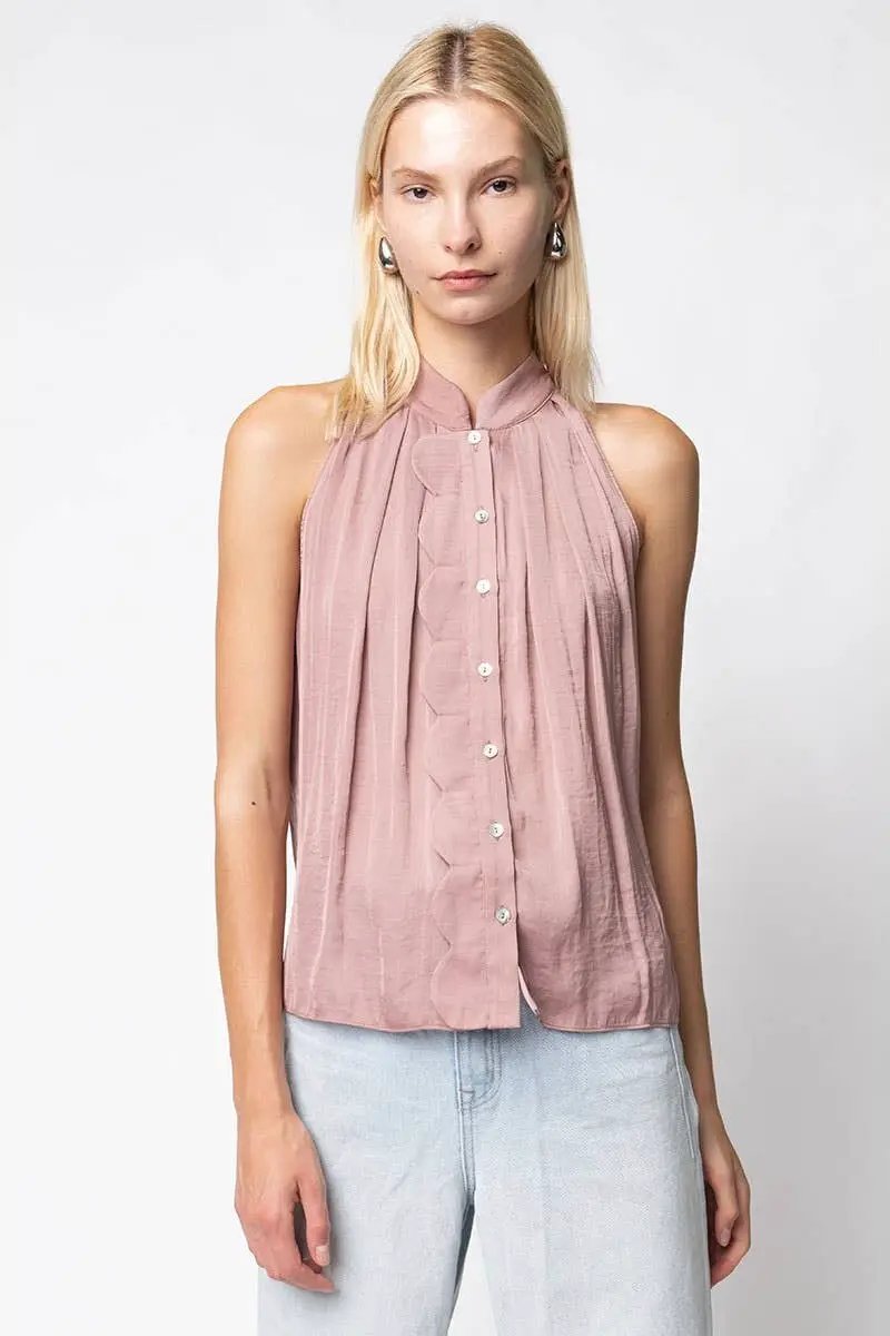 Naked Zebra The Scallop-trim Button Up Sleeveless Top: Tortilla - Blouses