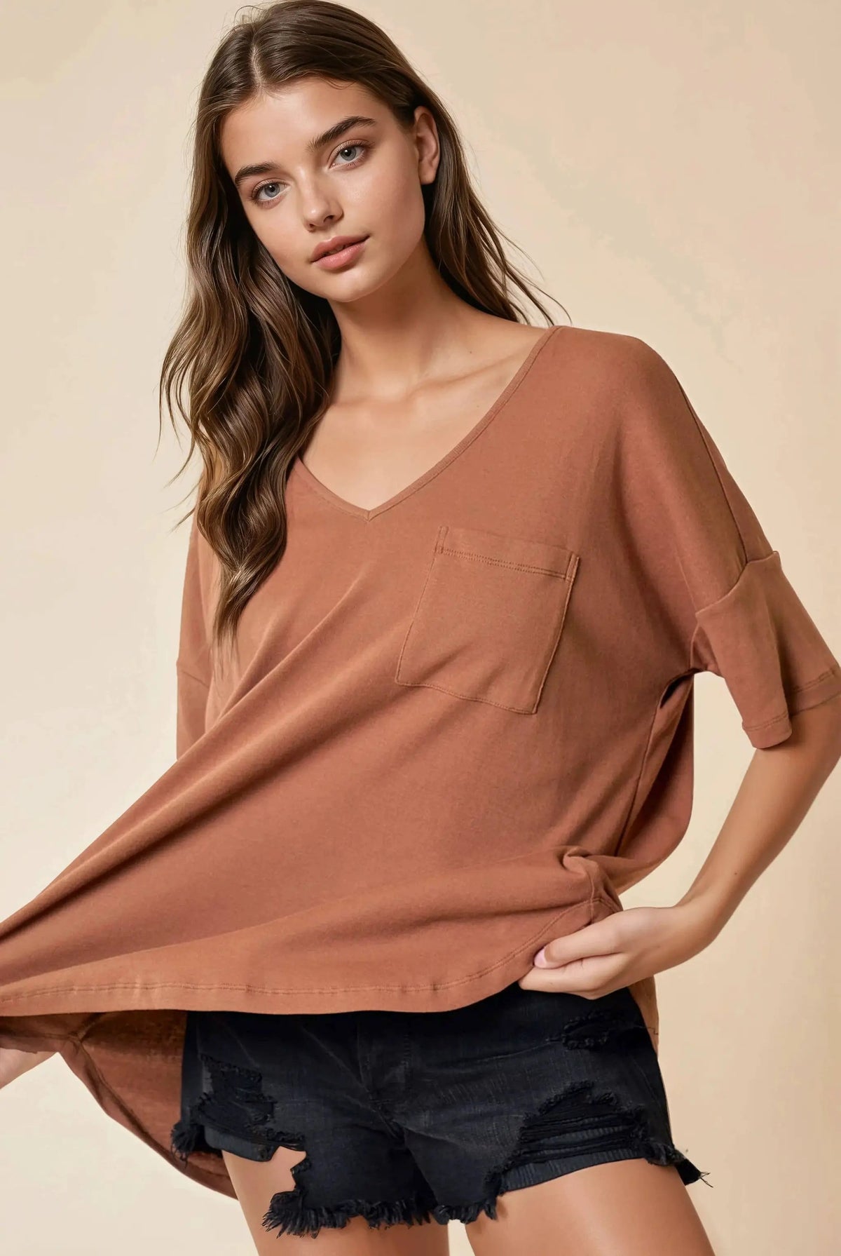 Doe and Rae The Oversized V-Neck Knit Top: Honey Brown - T-Shirts