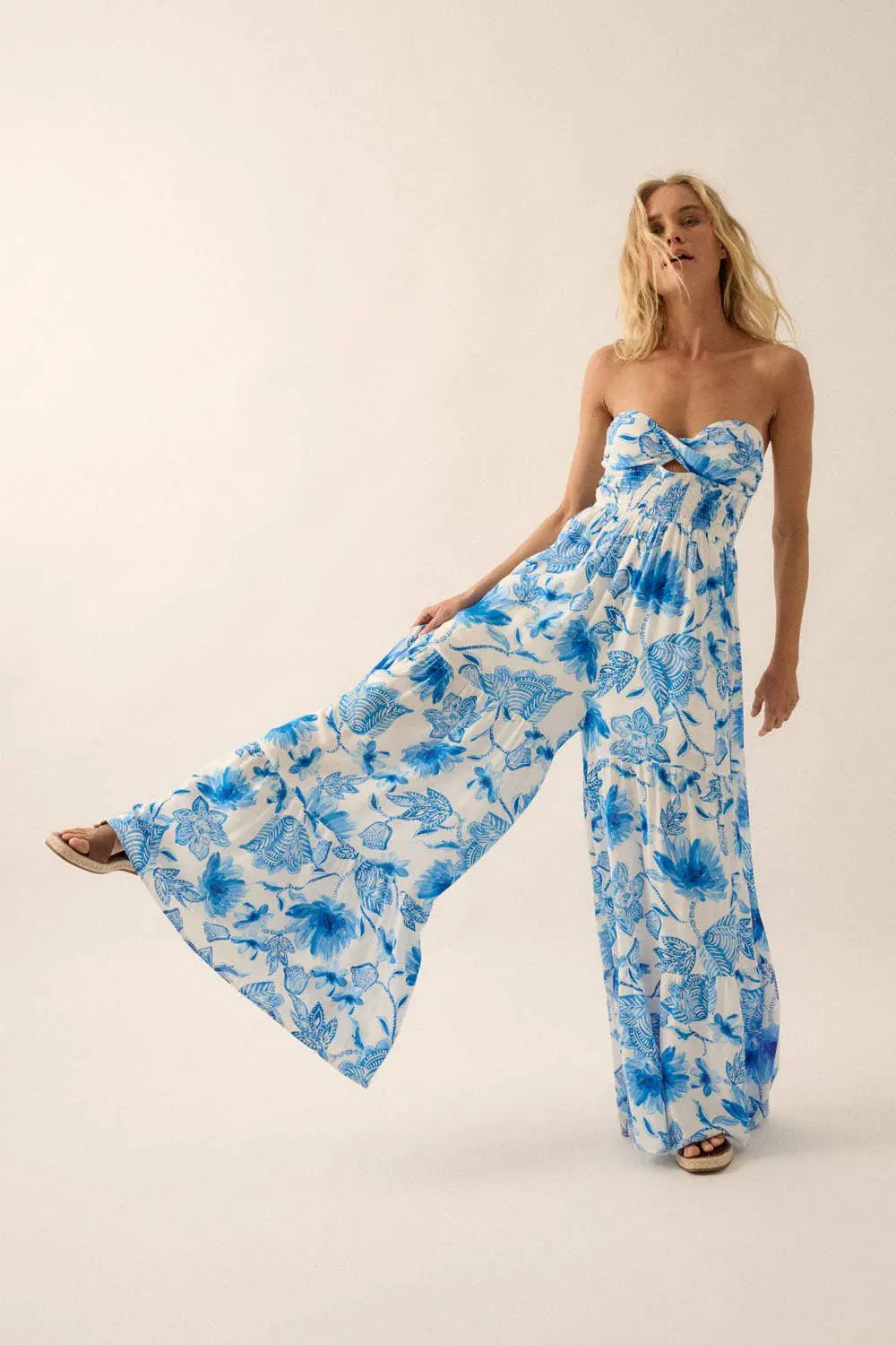 Promesa USA Cream & Blue Floral Crepe Strapless Wide-Leg Ruffle Jumpsuit - One-Pieces Promesa USA Cream & Blue Floral Crepe Strapless Wide-Leg Ruffle Jumpsuit