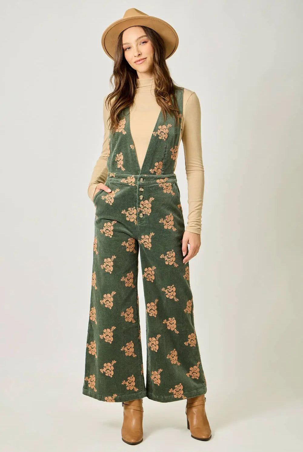 Mystree The Golden Grove Embroidered Corduroy Jumpsuit – Vintage Olive - One-Pieces