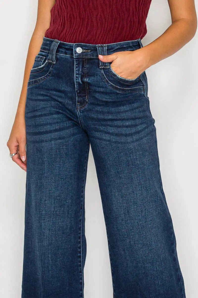 ARTEMIS VINTAGE tummy-control high-rise A-line wide-leg denim jeans in dark stone wash