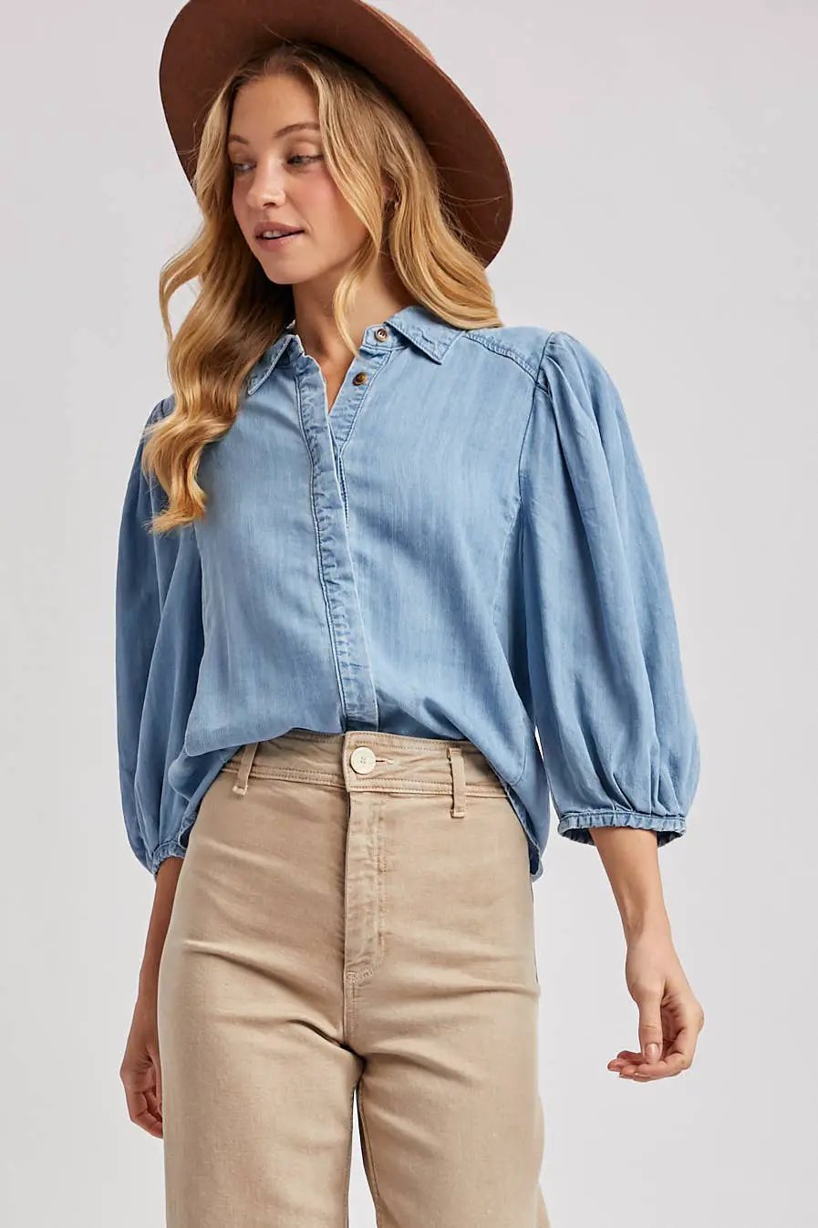 Bluivy The Chambray Ballon Sleeve Button-Up - Blouses
