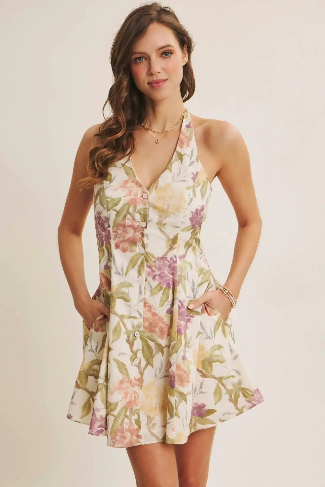 in february The Meadowlight Floral Halter Mini Dress - Dresses