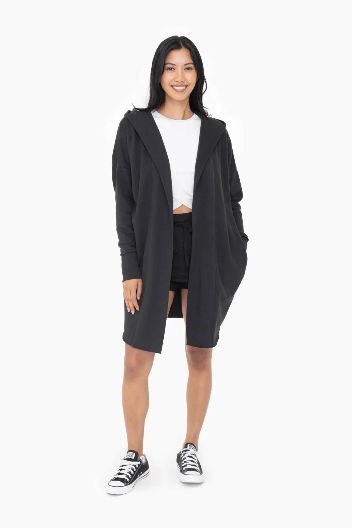 Mono B Mono B - Open Front Longline Hoodie Cardigan in Black - Cardigans Mono B - Open Front Longline Hoodie Cardigan