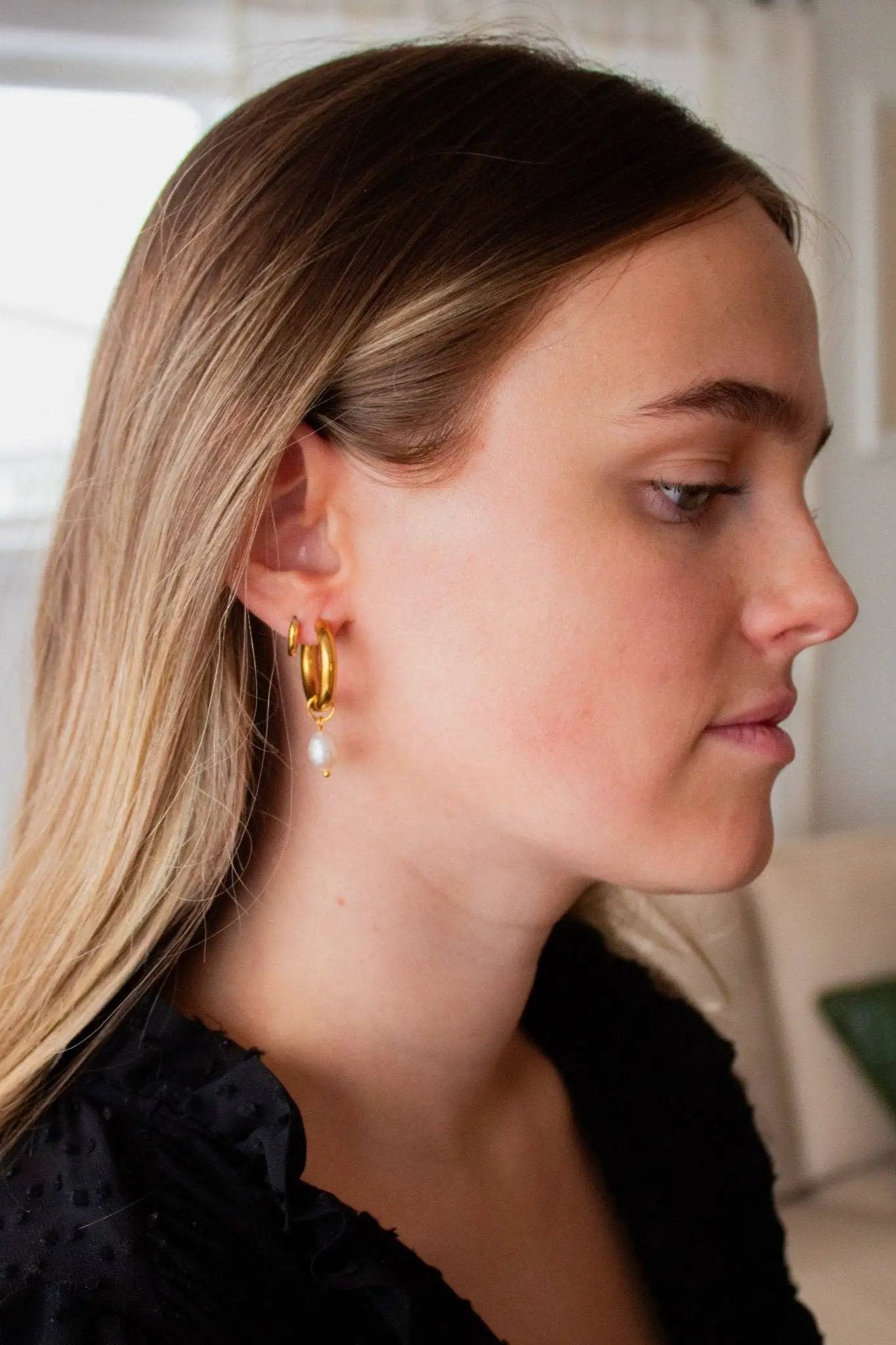 Shop ANDi Shop ANDi - Pearl Dangle Hoops - Jewelry Hoop and pearl earrings
