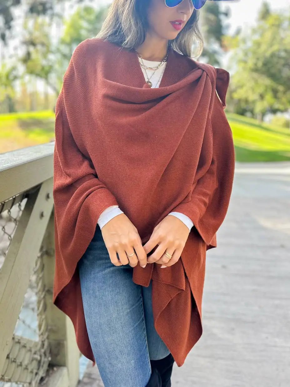 AMOLI AMOLI - Rust Solid Knit Ruana Shawl with Shoulder Strap - Scarves & Shawls