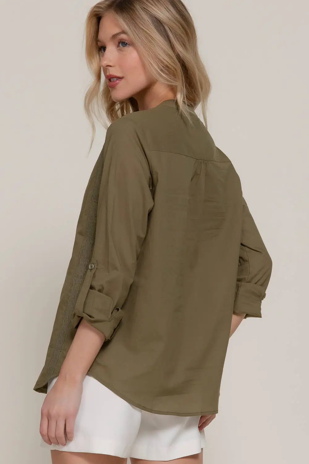 Active Basic | Active USA Active Basic | Active USA - Light Olive Long Sleeve Lace Panel Woven Blouse - Blouses