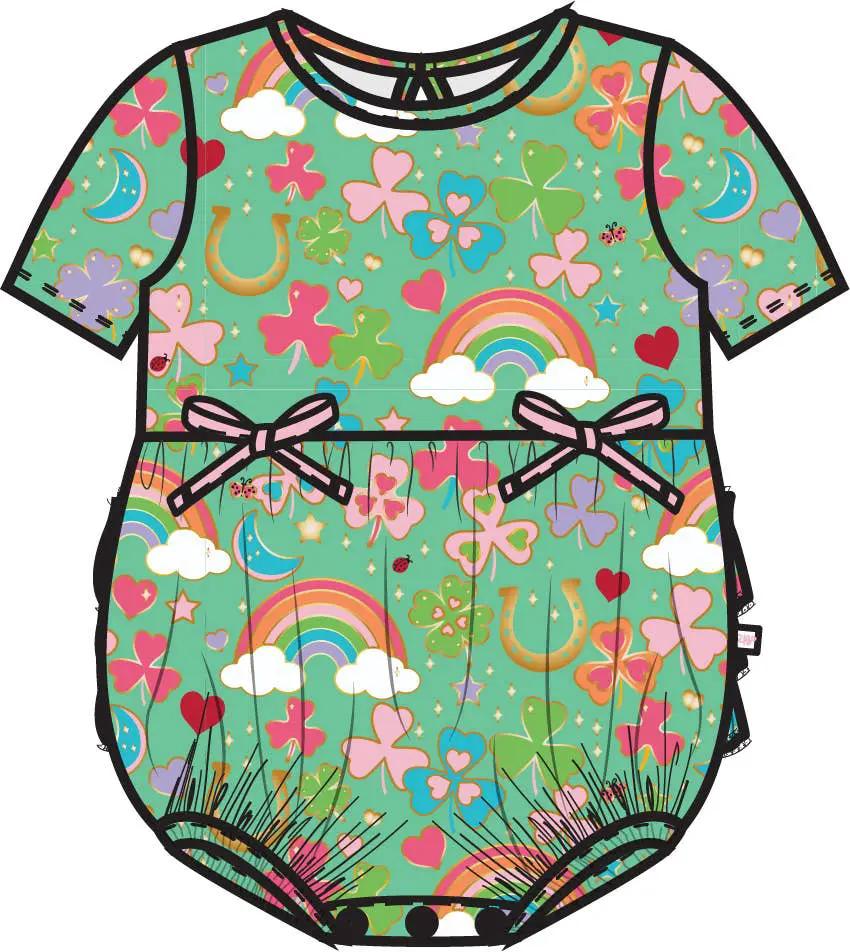 RuffleButts + RuggedButts RuffleButts + RuggedButts - Baby Girls Green Lucky Rainbow Clover Bow Bubble Romper - Baby & Toddler Outfits