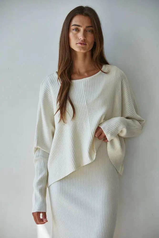 By Together Knit Sweater Ribbed Round Neck Long Sleeve Top in Cream - Sweaters Knit Sweater Ribbed Round Neck Long Sleeve Top