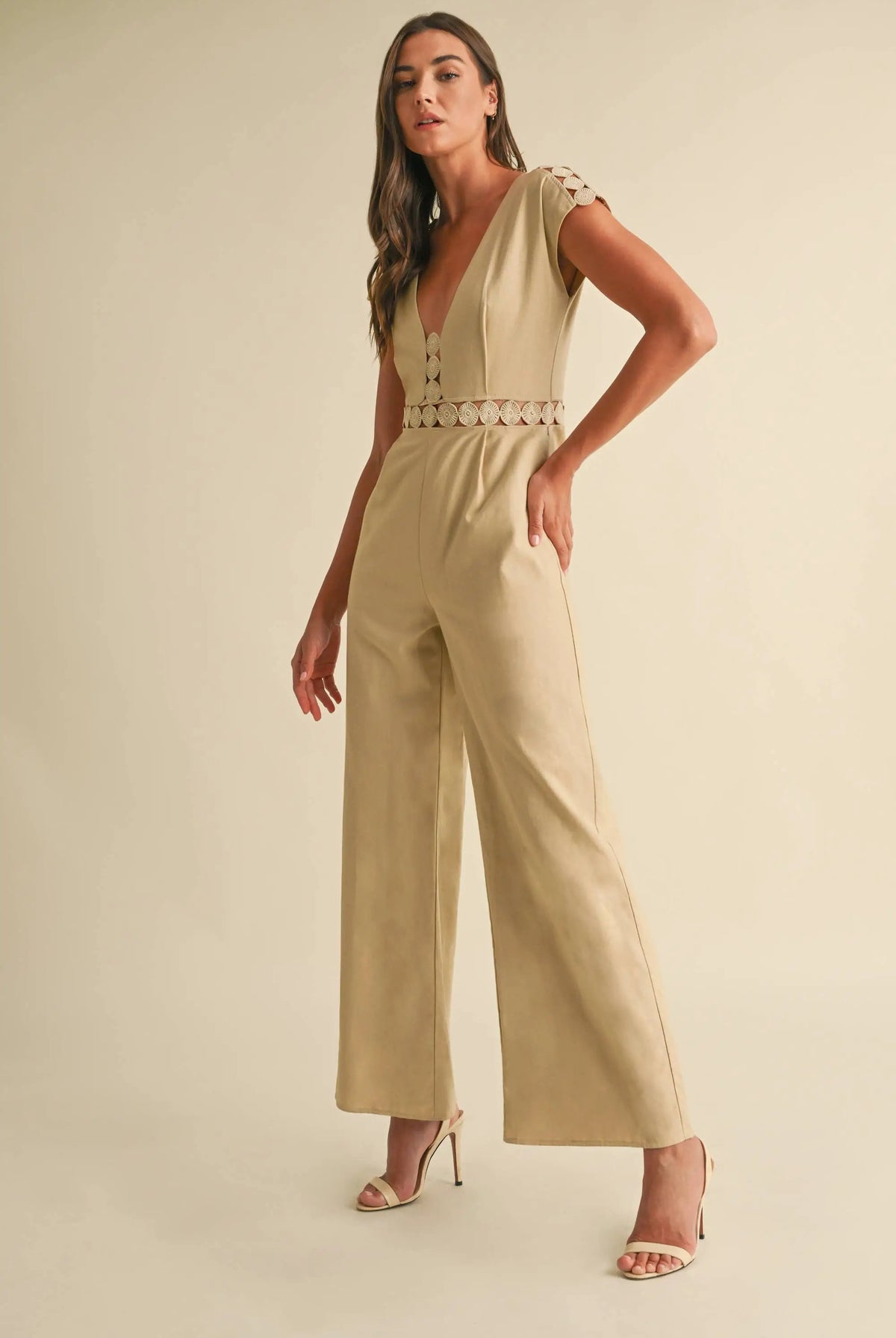 Endless Blu Endless Blu Beige Sleeveless Jumpsuit - One-Pieces